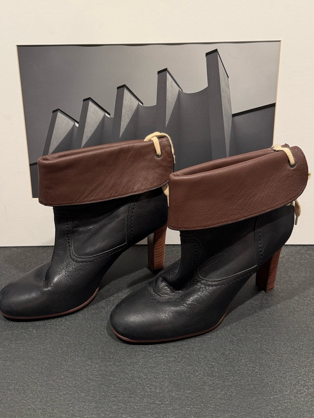 See by Chloe Black Brown Lace Wood Heel Boot EU39.5